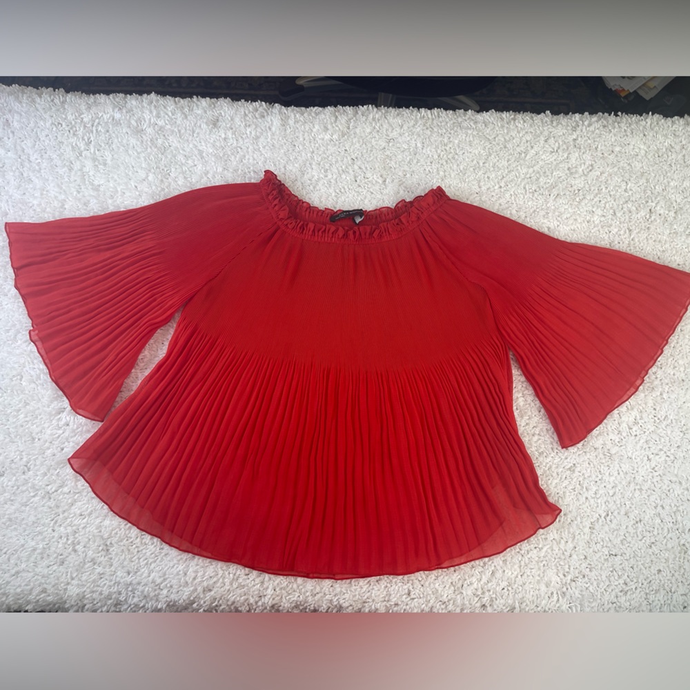 ZARA Woman Red Pleated Off-Shoulder “Flowy” Blouse with 3/4 sleeves Size XS - Picture 6 of 17